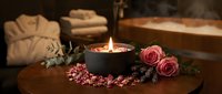 Luxury spa setting with aromatic candle, pink roses and bath salts on wooden table. Relaxation and wellness concept for romantic self-care treatments.
