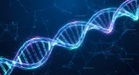 Digital DNA double helix structure with glowing neon effects on dark blue network background for biotechnology and genetic research concepts.