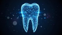 Digital tooth hologram with glowing blue wireframe structure on dark background for dental technology and healthcare innovation concepts.