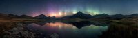 Panoramic view of northern lights dancing over mountain landscape with perfect reflection in calm lake water at twilight.