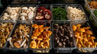 Fresh assorted wild mushrooms in market display including chanterelles, porcini, shiitake, oyster and button varieties arranged in plastic containers.