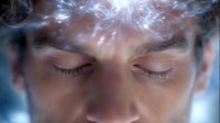 Conceptual portrait showing closed eyes with glowing ethereal smoke or energy emerging from head, representing meditation, mindfulness and spiritual awakening.