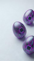 Futuristic digital eggs with circuit board patterns and microchip designs in purple and teal colors on white background for technology concepts.
