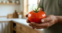 Fresh ripe tomato held in hand in modern kitchen, showcasing organic produce for cooking and healthy eating.