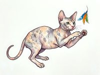 Hairless cat with spotted coat playing with colorful feather toy on white background, isolated design element for pet-related projects, greeting cards, and animal illustrations.