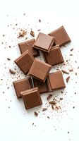 Stacked milk chocolate squares with cocoa powder crumbles scattered on white background, isolated for confectionery, food packaging, and culinary design projects.