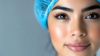 Young female medical professional wearing blue surgical cap, close-up portrait showing confident expression and natural makeup against neutral background.