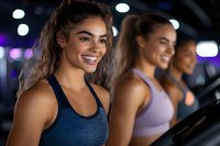 Diverse young women exercising on treadmills at modern fitness center, wearing sports bras and athletic wear, smiling during cardio workout with purple lighting.