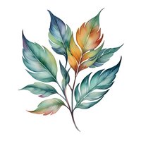 Watercolor botanical branch with turquoise and orange leaves on white isolated background, elegant nature illustration for stationery, packaging and textile design.