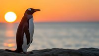 Adelie penguin silhouette standing on rocky shore during golden sunset over ocean horizon creating peaceful wildlife scene for nature photography.