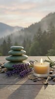 Zen spa composition with stacked stones, lavender flowers and burning candle on wooden surface against mountain landscape for wellness and meditation.