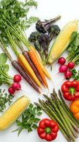 Fresh organic vegetables including colorful carrots, corn, broccoli, radishes, bell peppers and asparagus arranged on white background for healthy cooking.