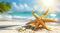 Orange starfish on sandy beach with turquoise ocean waves and tropical palm trees in background, summer vacation concept for travel and marine life themes.