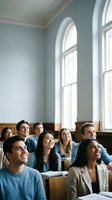 Diverse group of college students sitting in university lecture hall classroom looking up attentively during academic presentation or lesson.