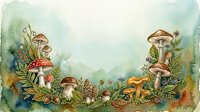 Watercolor forest floor scene with mushrooms, ferns, pinecones and autumn leaves creating natural botanical border frame for seasonal design projects.