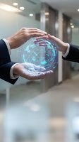 Business professionals protecting digital globe with hands showing global network connectivity and data security in modern office environment.