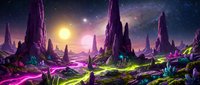 Alien planet landscape with purple mountains and glowing crystals under starry sky. Fantasy sci-fi world with colorful terrain and cosmic atmosphere.