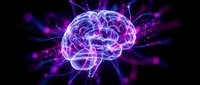 Glowing human brain with electric purple energy rays and neural connections on black background for medical and science concepts.