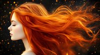 Young woman with flowing fiery red hair against dark background with glowing magical particles and sparks, profile view showing natural makeup and serene expression.