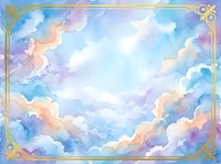 Pastel watercolor clouds in dreamy sky with ornate golden frame border for fantasy backgrounds, wedding invitations, greeting cards and artistic designs.