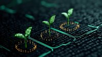 Green sprouts emerging from electronic circuit board with glowing connections, symbolizing sustainable technology and digital transformation in environmental solutions.