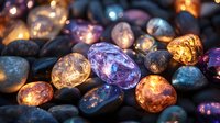 Colorful polished gemstones and crystals with warm golden lighting creating magical sparkles and reflections for jewelry design and spiritual wellness.