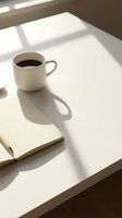 White ceramic mug filled with black coffee sits on bright white desk next to open notebook, casting sharp shadows from natural sunlight. Minimalist workspace setup.