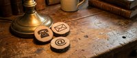 Wooden postal service stamps with engraved mail symbols arranged on aged leather desktop with brass lamp and antique books, vintage office supplies.