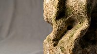 Ancient weathered stone sculpture with moss and lichen growth showing natural aging and erosion patterns in atmospheric lighting.