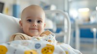 Smiling Caucasian baby in hospital bed wearing patterned pajamas, bright blue eyes and cheerful expression against blurred medical setting background.