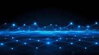 Glowing blue network connections and nodes forming digital landscape against dark background, abstract technology concept visualization for business networks.
