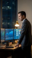 Professional businessman analyzing financial data on multiple monitors in modern office during evening hours with city lights background.