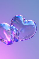 Transparent glass heart with iridescent reflections on purple background. Romantic crystal shape with holographic light effects and soft neon glow creates dreamy atmosphere.