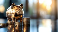 Golden piggy bank surrounded by stacked coins with warm sunlight creating bokeh background for savings and financial planning concepts.
