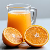 Fresh orange juice in glass pitcher with halved oranges showing pulp and segments on gray background, bright citrus drink for healthy breakfast.