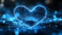 Glowing blue heart shape formed by magical sparkles and light particles against dark background with bokeh effect, romantic atmosphere for Valentine designs.