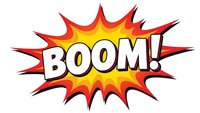 Comic book explosion burst with BOOM text in bold white letters on vibrant red and yellow starburst background for graphic design projects.