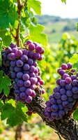 Ripe purple grapes hanging on vine with green leaves in sunlit vineyard landscape. Suitable for wine, agriculture, harvest, and food industry marketing materials.