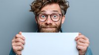 Surprised Caucasian man with glasses and beard holding blank white sign against blue background, perfect for adding custom message or advertisement.