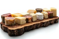 Gourmet cheese and sausage assortment arranged on rustic wooden board with natural bark edge, featuring variety of aged cheeses and cured meats for entertaining.
