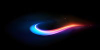 Glowing curved light trail with blue and red neon colors against black background creates dynamic motion effect, suitable for abstract technology designs.
