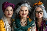 Three stylish mature women with silver gray hair wearing colorful bohemian clothing, scarves, jewelry and accessories smile warmly at camera, representing aging gracefully.