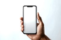Hand holding modern smartphone with blank white screen mockup for app presentation and mobile interface design projects.