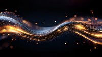 Magical glowing wave with sparkling particles and light trails flowing on dark background, golden and blue luminous dynamic motion effect.