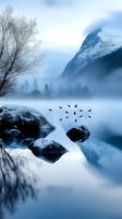 Misty winter lake with snow-covered mountain and bare trees in background, birds flying over calm water with partially submerged rocks creating reflections.