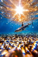 Shark silhouette swimming in crystal clear ocean water with sunlight creating golden bokeh effect through surface, coral reef below in deep blue underwater scene.