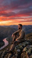 Bearded man sitting on mountain cliff overlooking valley river during dramatic sunset with colorful sky and flying birds for outdoor adventure concepts.
