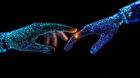 Glowing digital hands reaching towards each other with luminous particle effect against dark background, symbolizing connection and technological touch.