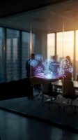 Business professional hand presenting holographic technology icons including AI, blockchain and cloud computing in modern office environment with warm sunlight.