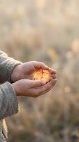 Cupped hands holding warm glowing light in knitted sweater sleeves against soft blurred autumn background creating magical atmosphere of hope and protection.